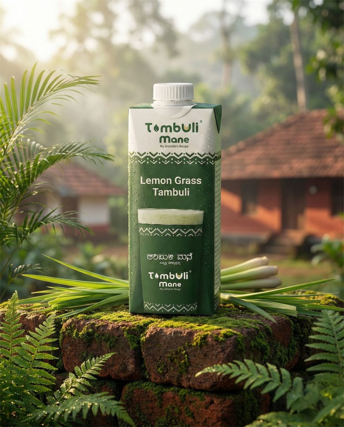 Tambuli Mane Lemon Grass drink, a modern version of the traditional Malenadu Tambuli, set in nature.